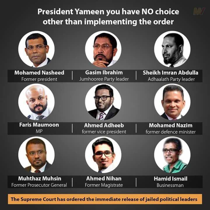 moosaanvar's tweet photo. President Yameen must know that he is not above the law. Free political prisoners now. Their continued detention amounts to kidnapping. However long the night the dawn will always break!#ImplementSupremeCourtOrder https://t.co/oJflwAXpqk