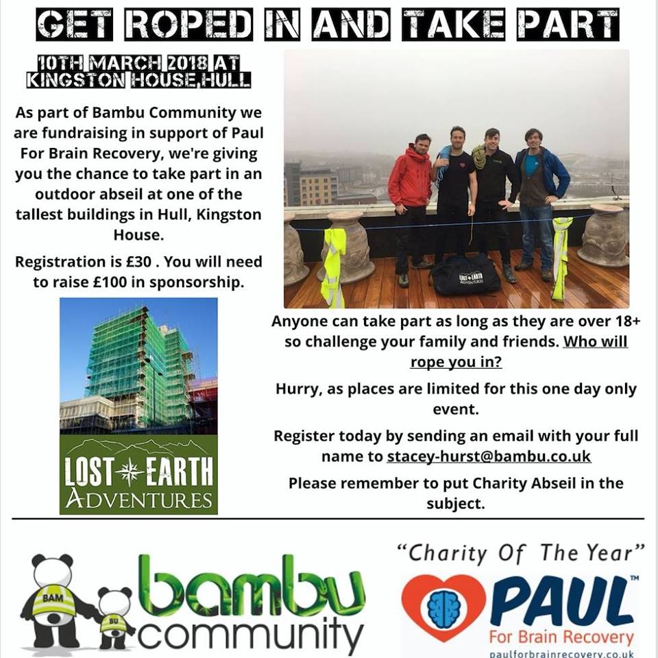 PAUL4Brain's tweet photo. Are you ready to get roped in?! @hudgellsol @CobusLtd @eonmedia @FitmumsF @HullChampions @NHSHullCCG @CHCPHull @HumberCrossfit @poorboyboutique @HullKRFM @hulldailymail
#PAUL4Brain #BambuCommunity #Abseil #Support #BrainInjury https://t.co/ZBO6fxpe47