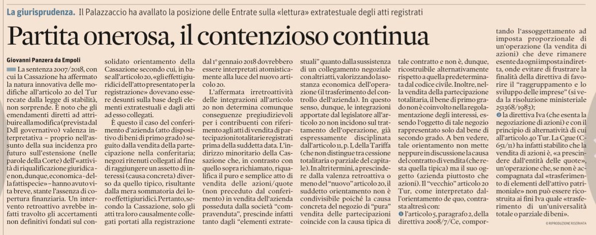 smart_inst's tweet image. Editoriale di @gpde78 nostro Senior Fellow e Partner Studio Salvini Escalar Associati, discute su @sole24ore dell'imposta di registro su atto di vendita di partecipazioni totalitarie con particolare riferimento alle integrazioni apportate dalla legge di stabilità #EconomiaReale