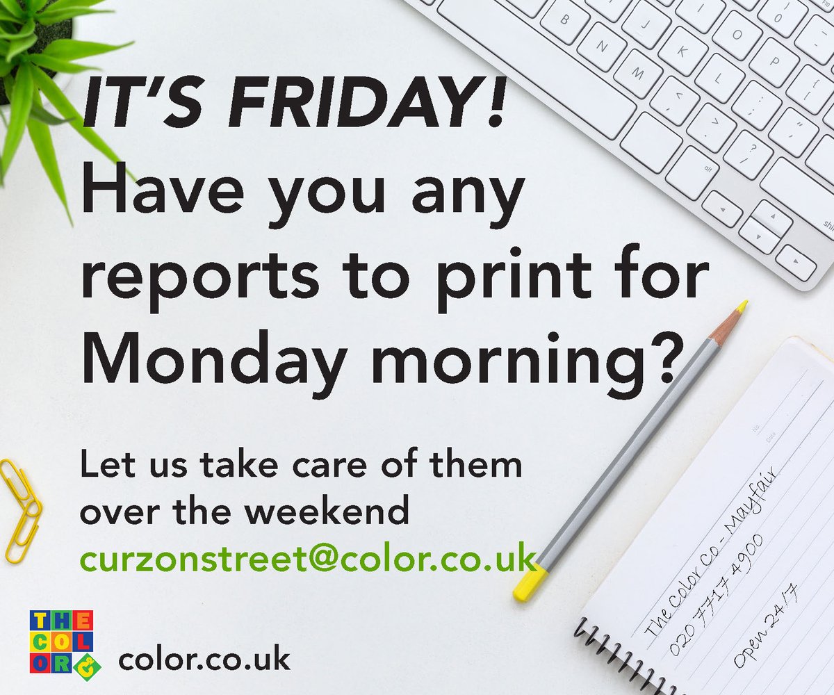 TheColorCompany's tweet photo. Got that #FridayFeeling? Don't work late. Send your #printing to @TheColorCompany #Curzonstreet. We are open all weekend. Uncompromising Quality Print @ speed 24/7! https://t.co/Of1kXwWe9M