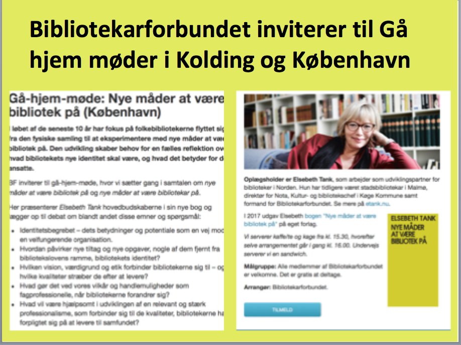 elsebethtank's tweet photo. Fremtidens folkebiblioteker på dagsordenen våren 2018 #bibliotekstrategi #dkpol #bibliotekarforbundet https://t.co/9rOHctxmY1