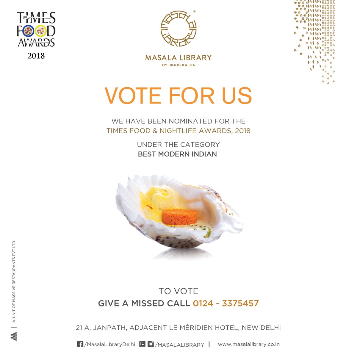 MasalaLibrary's tweet image. We are delighted to share that our restaurant #MasalaLibrarybyJiggsKalra, #NewDelhi has been nominated by #TimesFoodNightlifeAwards2018 under the &quot;BEST MODERN INDIAN&quot; category. Give a missed call on – 0124 - 3375457, to Vote for us!