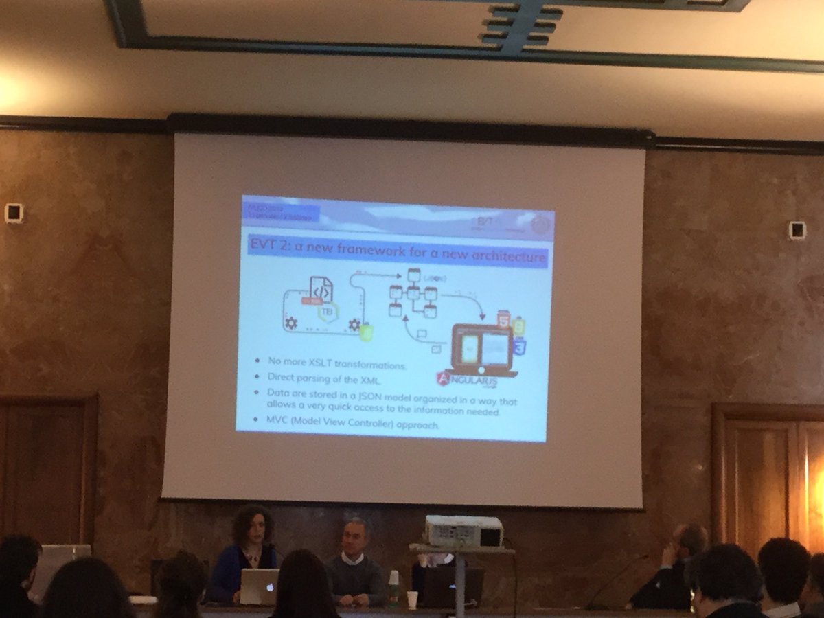 DH_FBK's tweet photo. Chiara dai Pietro on the new architecture of EVT 2 #AIUCD2018 #digitaleditions https://t.co/QL2P2WRzY3