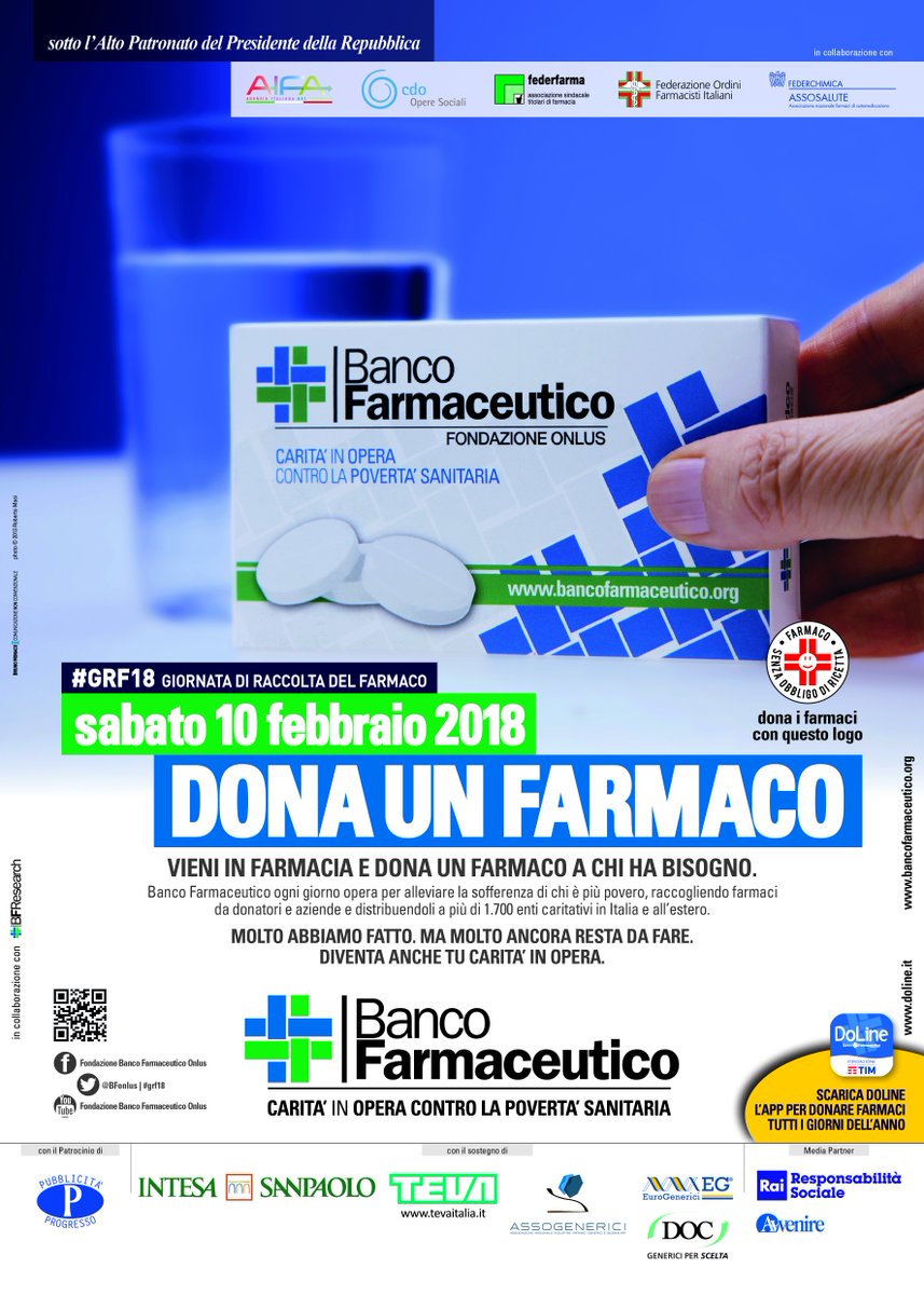 raisostenibile's tweet photo. Grazie anche all’assistenza di oltre 14.000 #volontari, è possibile, acquistare uno o più #medicinali da banco da donare ai #poveri. Campagna di #Sensibilizzazione #donaunfarmaco di @BFonlus. #GRF18 10 febbraio 2018 @Radio1Rai https://t.co/8iz0f0BF5A