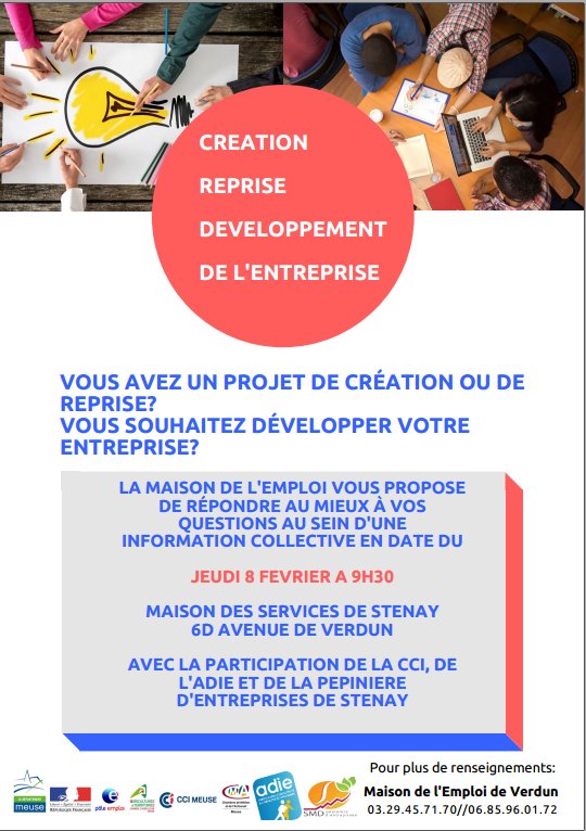 Vous avez un projet de #création ou de reprise ? Vous souhaitez développer votre #entreprise ?

La Maison de l'emploi organise le jeudi 8 février 2018 à 9h30 une information collective pour répondre à vos questions à #Stenay.