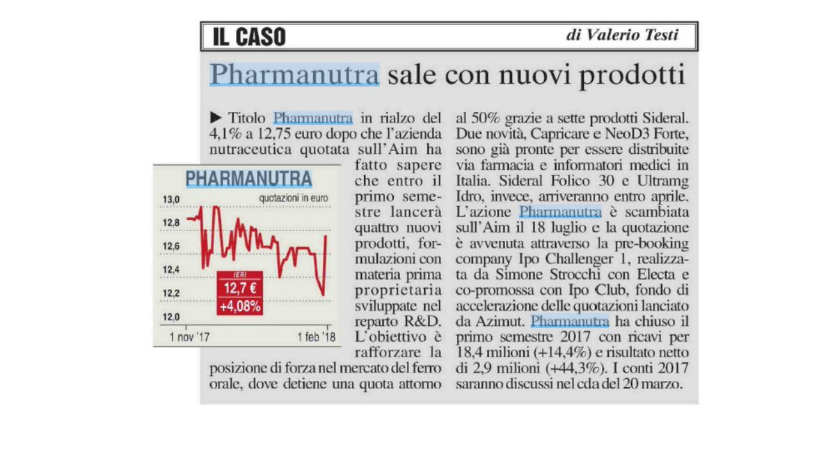<a href="/PharmaNutraspa/">PharmaNutra</a> lancia nuovi prodotti e il titolo segna un balzo. Oggi su MF <a href="/MilanoFinanza/">MilanoFinanza</a>
