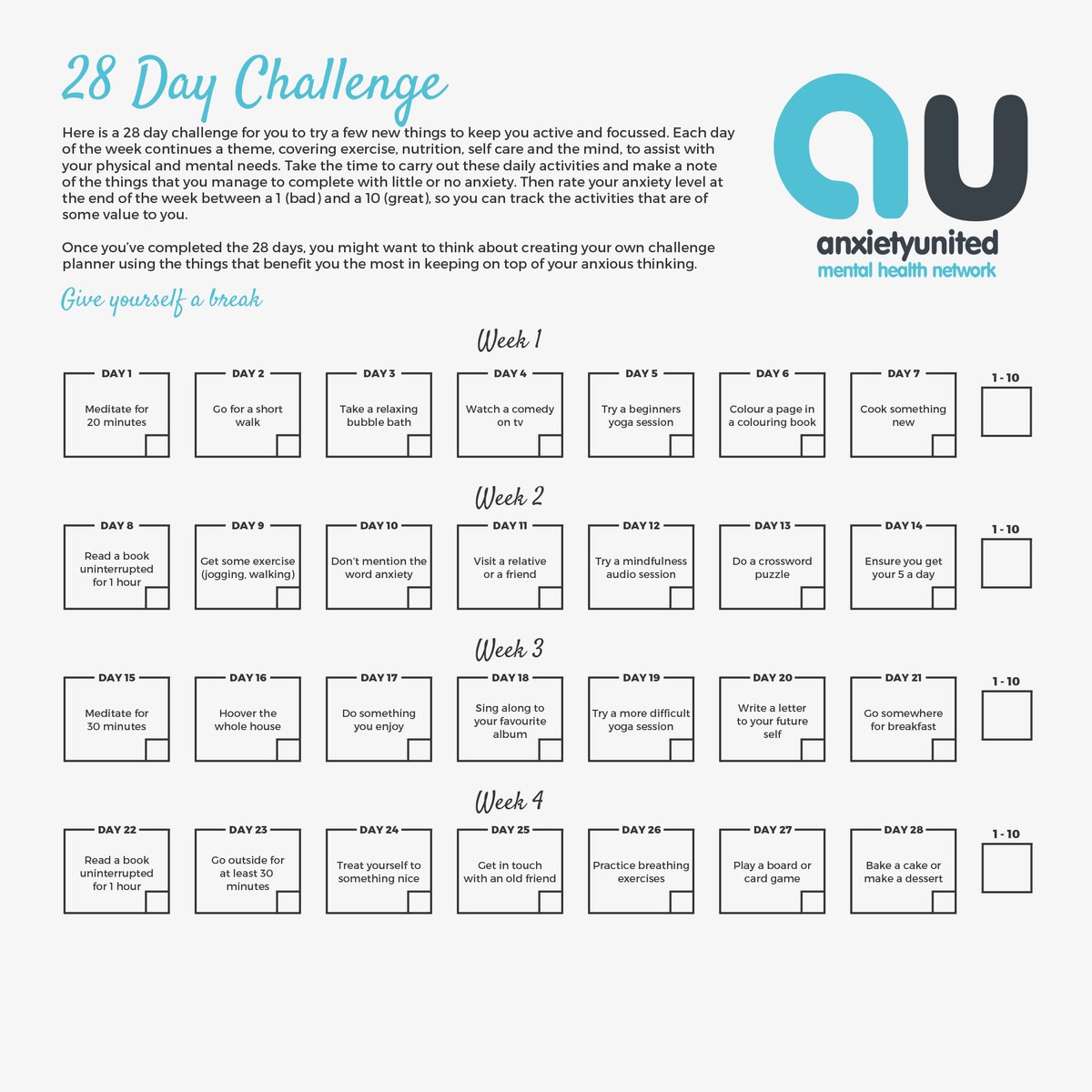 AnxietyUnited's tweet photo. So it's day 2 of our #28daychallenge, todays task is to go for a short walk. 

Who's in? #mentalhealth #anxiety https://t.co/j0wKsTGUfD