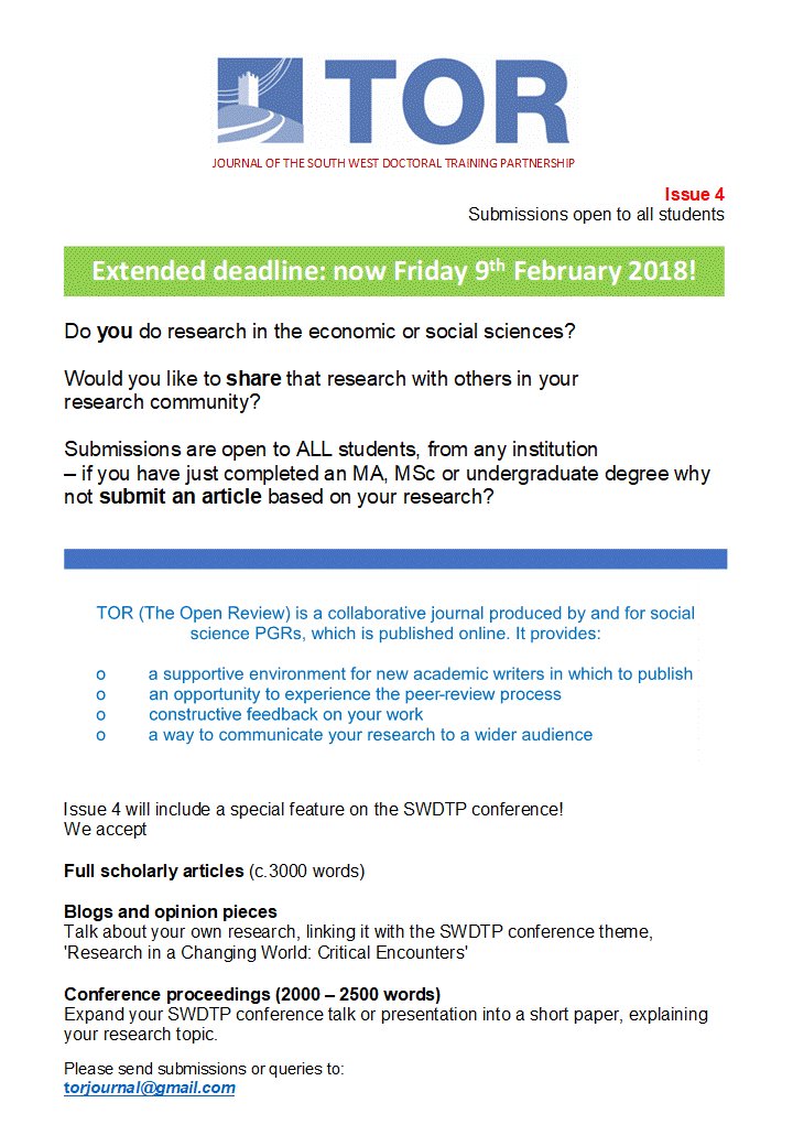 helzfc123's tweet image. Great news! Now one more week to submit to #TOR_swdtp journal. Please keep those great submissions coming in!
We are looking for blogs, conference proceedings and full journal articles on any social sciences subject.
Extended deadline - Fri 9th February #swdtp #swdtp_conference