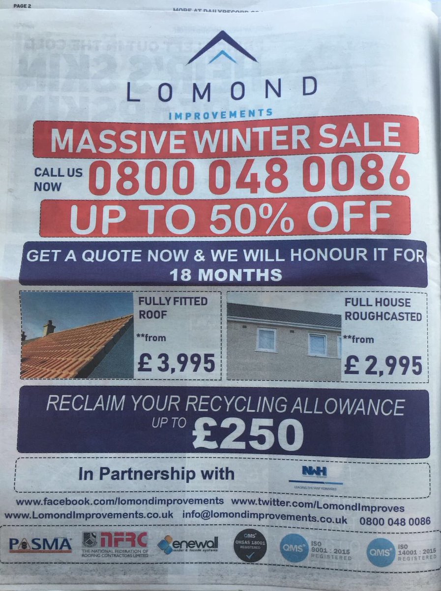 LomondImproves's tweet photo. Check out our new advert in the @dailyrecord today!
Don't miss out on all of our promotions. To find out more about our products and prices call us now on 01414063800!
#roofingglasgow #roofingaberdeen #roofingdundee #roofingedinburgh #roughcasting #windows #dailyrecord https://t.co/tqU9sqlJZg