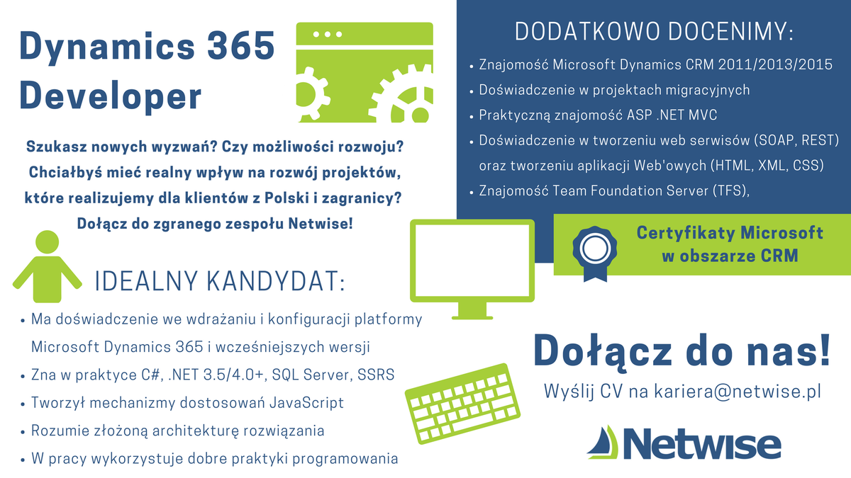 NetwisePL's tweet photo. Rekrutujemy! Jeśli masz doświadczenie w pracy z Microsoft Dynamics 365, koniecznie sprawdź nasze ogłoszenie! #NetwisePL #karieraIT #MSDyn365 @MSFTDynamics365 https://t.co/NJAdzCgqE9 https://t.co/X4ySiyGTND