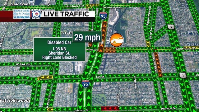DISABLED CAR: I-95 NB & Sheridan St. A right lane is blocked. Speeds clocking in at 29 MPH. #TRAFFIC https://t.co/xHxJ9PsyZo