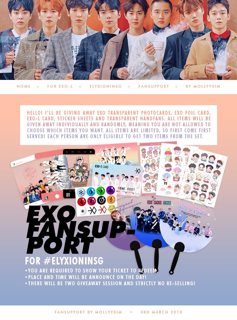 [HELP RT] EXO Fansupport for #ElyXiOninSG ❤️

- Random EXO Trans. Photocards
- EXO Let's Love Foil Photocard
- EXO-L Card
- Random EXO Sticker Sheets
- Random EXO Trans. Handfan

✨Read the poster below for more info!
✨Fansupport trading please DM!

#ElyXiOnInSingapore