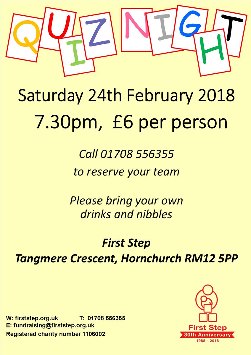 firststep1988's tweet photo. Three weeks until our 30th anniversary Quiz Night - please call 01708 556355 asap to reserve your table. PLS RT @ElmParkRegen @RomfordRecorder @GideaParkLife @HornchurchLife @Havo50forum @havering_vc @Beresfords @fvdata @Lykerlor #charity #disability #specialneeds https://t.co/wrdOqcGh9I