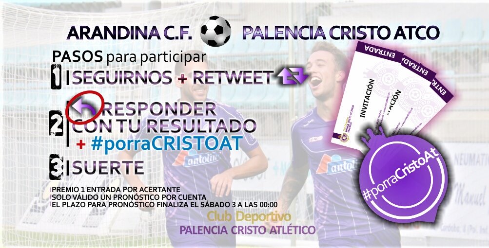Palencia Cristo Atl. (@palenciacristo) on Twitter photo 🏆 PORRA | ¡Vuelve la porra una semana más donde tu pronóstico puede valer una entrada para el partido del domingo ante el <a href="/cdsanjosesoria/">C.D. San José</a>!
⚠️ Importante cumplir los requisitos indicados en la imagen para que el pronóstico sea válido, en su defecto, será nulo.
#VamosCristo 💜 🏆 PORRA | ¡Vuelve la porra una semana más donde tu pronóstico puede valer una entrada para el partido del domingo ante el <a href="/cdsanjosesoria/">C.D. San José</a>!
⚠️ Importante cumplir los requisitos indicados en la imagen para que el pronóstico sea válido, en su defecto, será nulo.
#VamosCristo 💜
