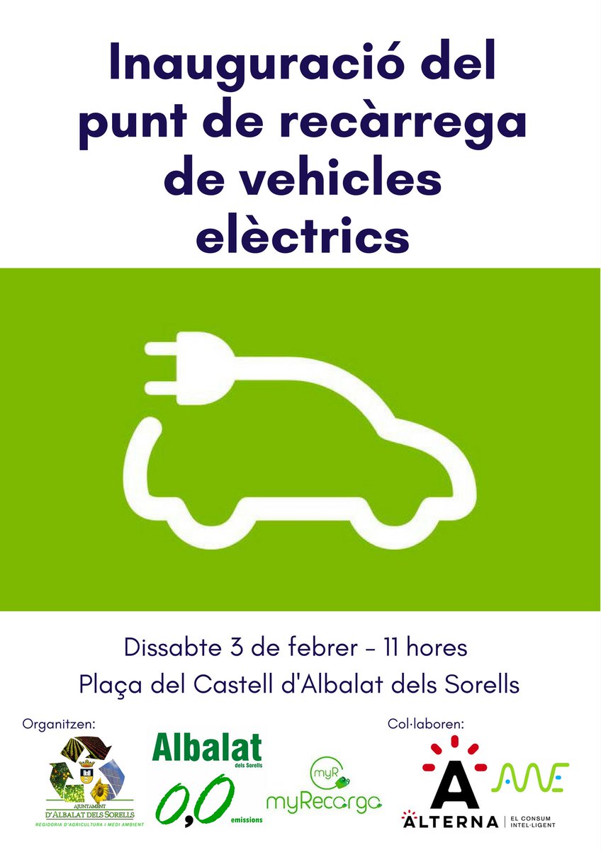 circutor's tweet photo. 📢 Mañana 3 de febrero inauguración del nuevo punto de recarga de #VehículosEléctricos URBAN @circutor de Albalat dels Sorells. 👏👏👍 #AlbalatdelsSorells0emissions https://t.co/eFOAVID8RO
