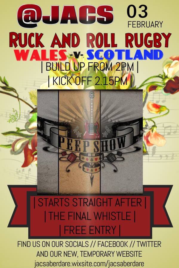 Who's up for free entry free half time food a band and £2 a pint during the game? If your answer is yes jacs aberdare is the place to watch the rugby Saturday. 

The game is shown on a big screen 3 large TVs and sound via surround soundyou can even listen in the toilet lol