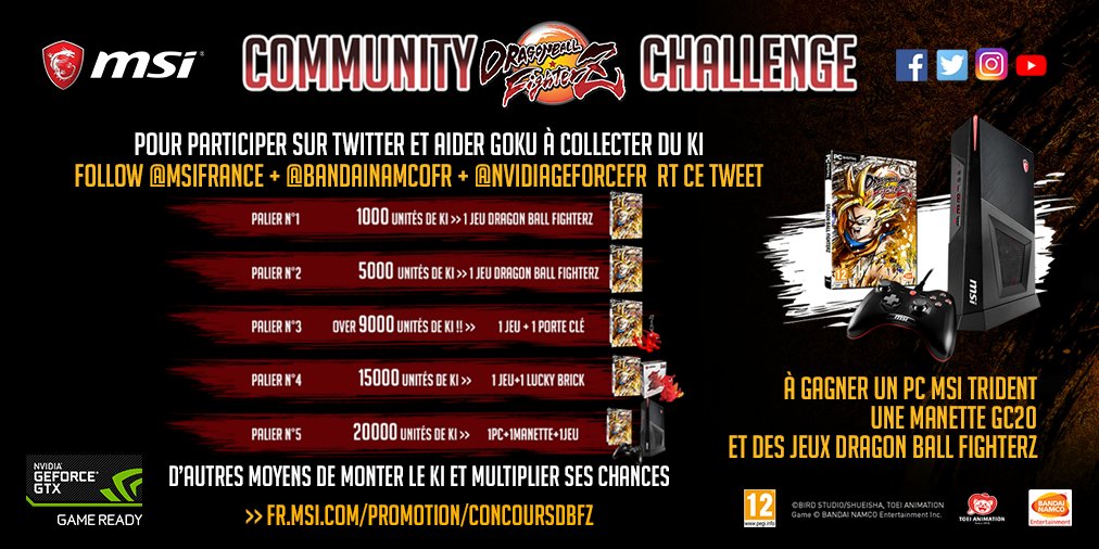 msifrance's tweet photo. Aide Goku à collecter du KI et tente de gagner un PC MSI TRIDENT et des jeux #DragonBallFighterZ à gagner 4 façons de participer !
Sur twitter
1) Follow @msifrance / @BandaiNamcoFR / @NVIDIAGeForceFR 
2) RT/like ce tweet)
Plus de tentatives >> https://t.co/TLso8k6bTl https://t.co/X3enhvfYMI