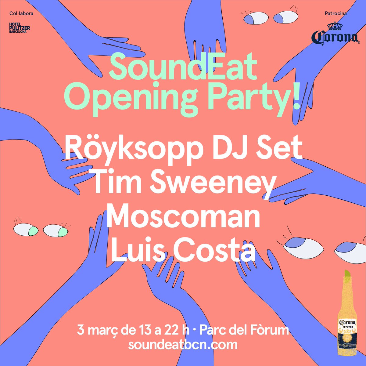 SounditBCN's tweet photo. We're back! Ya hemos revelado el 'dream line up' de la Soundeat Opening Party!: @royksopp Dj Set, Tim Sweeney (@BISradio), @moscoman & @luiscostaplans. ¿Te apuntas? #SoundEat @SoundEatBCN
Tickets 👉🏻 https://t.co/mlelF0806F https://t.co/pcjl7nEI0f