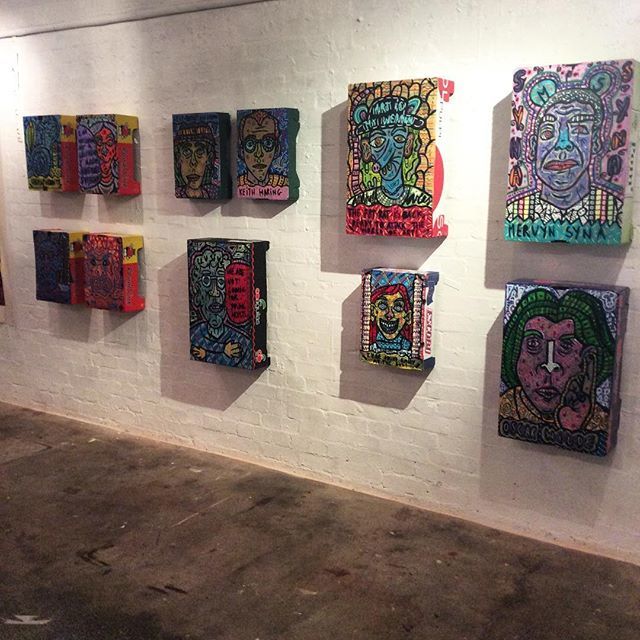 hundredyearsgal's tweet photo. #artinboxes done by resident #artist @anapallaresart at @hundred_years_gallery . Come to see these portraits on #cardboard #boxes and many other works created during her residency. The show is on until Sunday! #hundredyearsgallery #anapallares #painting … https://t.co/JhOcPp8zyw https://t.co/l7UY2chiTX
