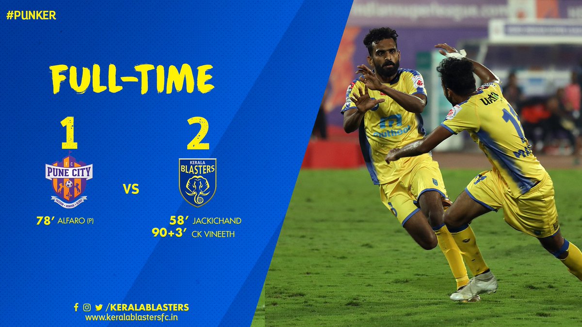 KeralaBlasters's tweet photo. FULL-TIME
PUN 1-2 KER
A sensational last minute goal from @ckvineeth earns us all three points against @FCPuneCity!
What a night, what a match!
#KeralaBlasters #IniKaliMaarum #KBFC #HeroISL #LetsFootball #PUNKER https://t.co/giPtH626c1
