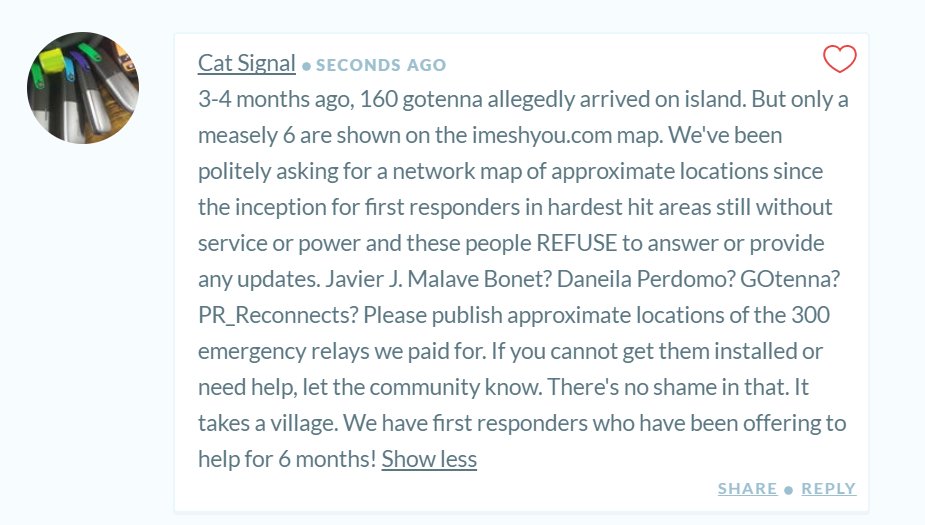 CatsignalUs's tweet photo. Can we please have an update on emergency mesh relay placement in Puerto Rico? @JavierMBGJ @pr_reconnects @gotenna @danielaperdomo #itTakesAVillage #Imeshyou #meshitup https://t.co/vCpmAVkTsu