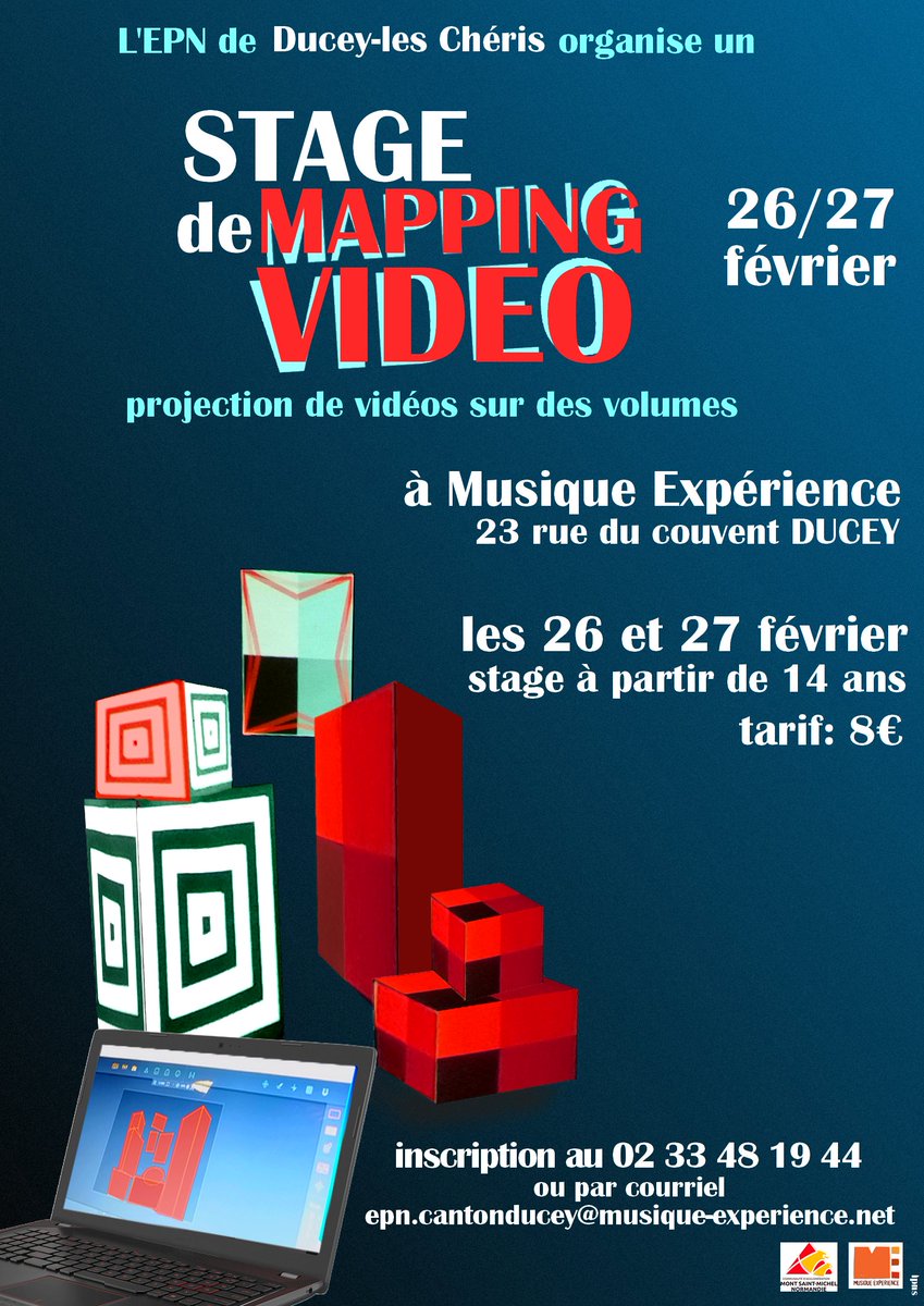 epnducey's tweet photo. L'Espace Public Numérique de Ducey les Chéris propose durant les  prochaines vacances d'hiver un stage de 2 jours de découverte du Mapping Vidéo. à Partir de 14 ans- les 26 et 27 février; renseignements par  courriel epn.cantonducey@musique-experience.net ou tel au 02 33 48 19 44 https://t.co/XCTOOzmGIK