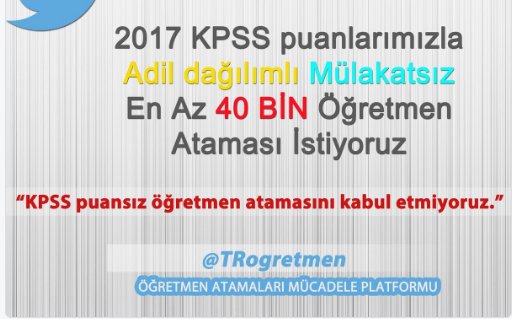 #ÜcretliyiAlma40BinAta

Şubatta 40 bin öğretmen ataması bekliyoruz. 
KPSS puanlarını yok soyan atamayı kabul etmiyoruz.

Sn @RT_Erdogan <a href="/TC_Basbakan/">TC Başbakanlık</a> <a href="/dbdevletbahceli/">Devlet Bahçeli</a>
 <a href="/naci_agbal/">Naci AĞBAL</a> <a href="/ikalin1/">İbrahim Kalın</a> <a href="/hasandogan/">Hasan Doğan</a>
 <a href="/Yusuf__Tekin/">Yusuf Tekin</a> @hmzaydg 
<a href="/_aliyalcin_/">Ali YALÇIN</a> <a href="/ikoncuk/">İSMAİL KONCUK</a>