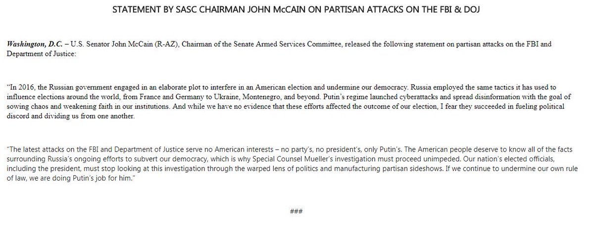 STATEMENT BY SASC CHAIRMAN JOHN McCAIN ON PARTISAN ATTACKS ON THE FBI & DOJ