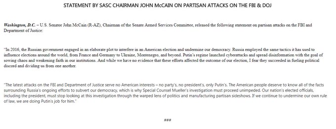 STATEMENT BY SASC CHAIRMAN JOHN McCAIN ON PARTISAN ATTACKS ON THE FBI & DOJ