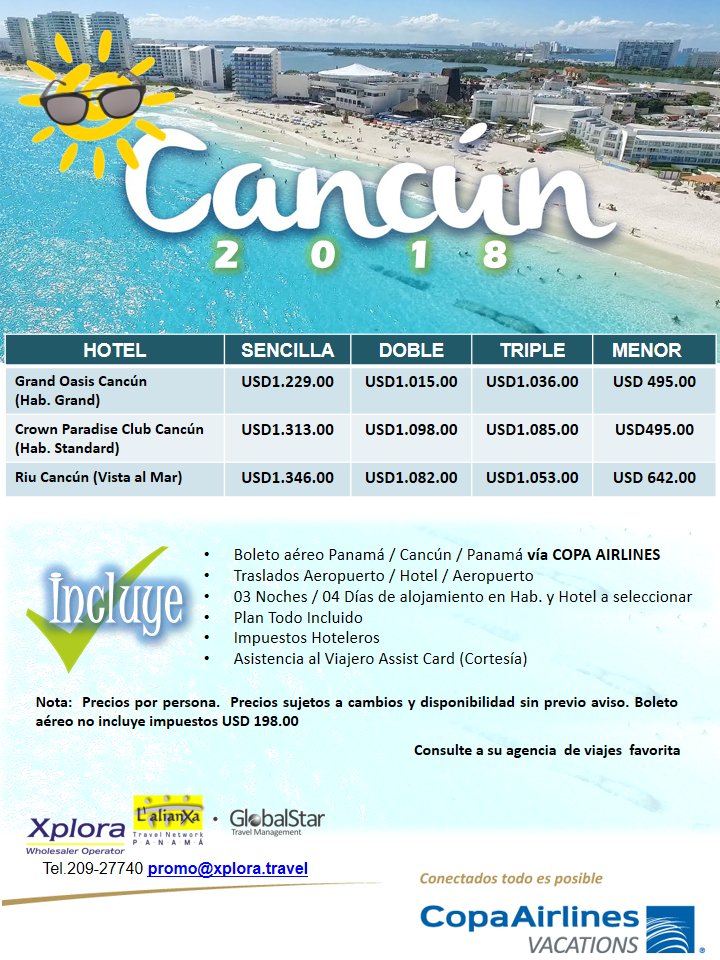 Ven a experimentar un clima tropical en la joya del Caribe...Cancún🌞! promo@xplora.travel Tel.209-2774