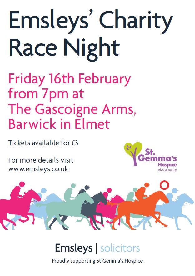 EmsleysLegal's tweet image. Save the date! Emsleys' Charity Race Night will take place on Friday 16th February from 7pm at The Gascoigne Arms in Barwick in Elmet. All funds raised will go to our Charity of the Year for 2017/18, @stgemmashospice #Charity