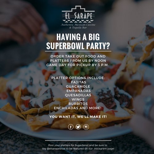 Having a big super bowl or just looking for something unique to eat? Order one of our platters for pickup and choose from a wide variety of foods including empanadas, wings and more! .

All orders must be placed by noon and by 3 p.m. Order your platter today at (610) 239-8667.