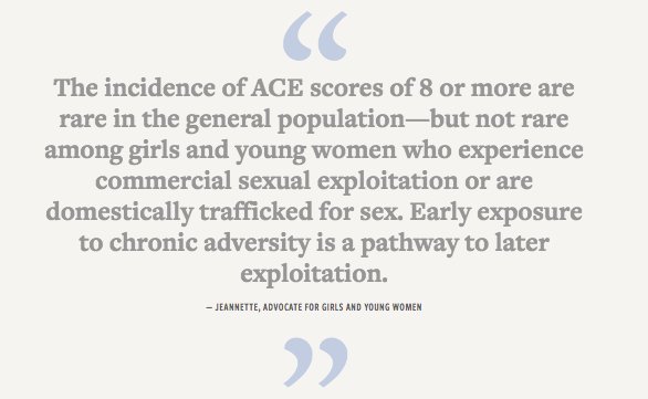JusticeandJoyNC's tweet image. Adverse Childhood Experience data from Crittenton agencies is featured in @NoVoFoundation #TheLifeStory to help illustrate how early adversity can be a pathway to later exploitation thelifestory.org bit.ly/2E7fsX8