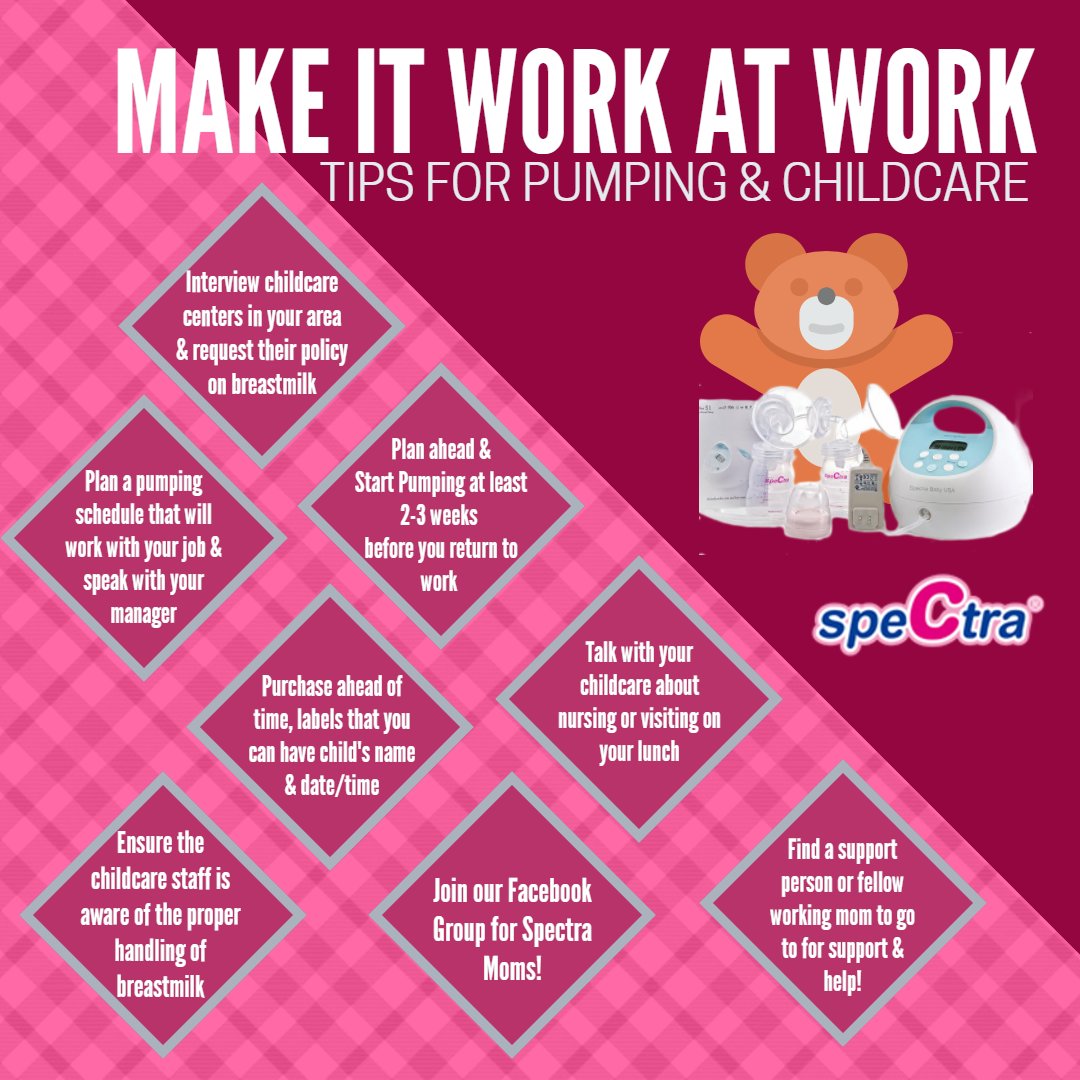 SpectraBabyUSA's tweet photo. MAKE IT WORK AT WORK: TIPS FOR PUMPING & CHILDCARE
Return to work less stressed with these tips…
#PumpLife #PumpingMom #WorkingMom #Childcare #ReturningToWork #LessStress #SpectraBabyUSA #IBCLCHelp #Spectra #SpectraBreastpump #breastfeeding #pumping #momlife #reallife https://t.co/yWMGJh5sdY
