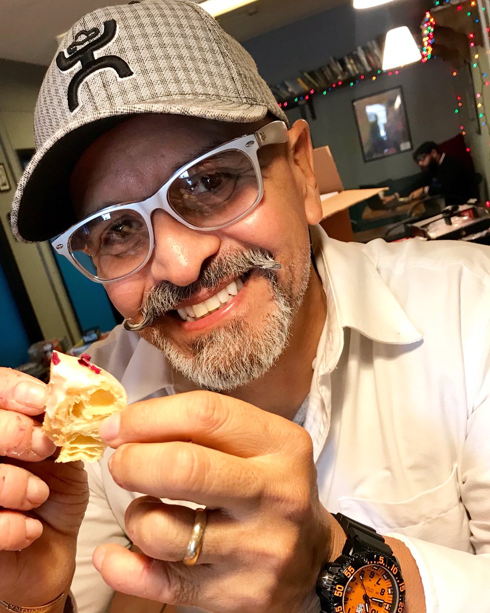 BorderMayor's tweet photo. One of the perks of the job...#Cronut (by #globalchef) Raquel Rivera tasting at Grind Coffee Co. in Edinburg,Tx. This one is Vanilla with Rose Petals. #deelicious #extraworkout #givethematry #rgv #IndigoPR https://t.co/jALmxdFVr2