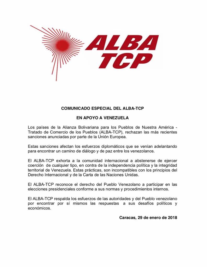 jaarreaza's tweet photo. Países de la Alianza Bolivariana para los Pueblos de Nuestra América ALBA-TCP, rechazan las recientes sanciones anunciadas por la Unión Europea, que afectan los esfuerzos diplomáticos que se han adelantando para encontrar un camino de diálogo y paz entre los venezolanos https://t.co/pgCKV8XigY