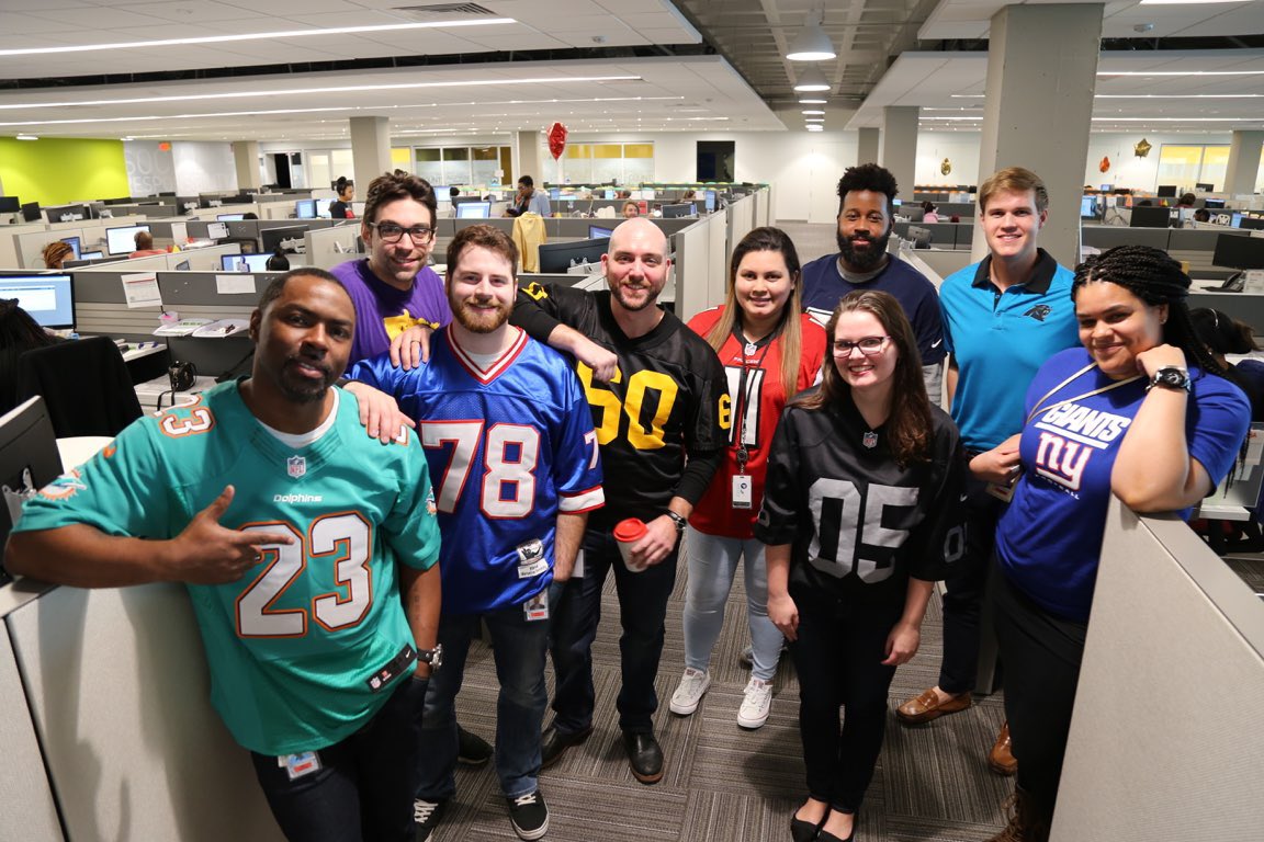 ADPCareers's tweet photo. #OneADP Norfolk wore their fav teams jersey's in celebration of #SBLII. Whether you root for the @Patriots or @Eagles, here's hoping to a great game! #hellowork #workhappy #FlyEaglesFly #NotDone #WinAsOne https://t.co/yPTJ49dtg9