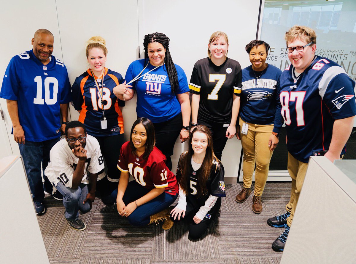 ADPCareers's tweet photo. #OneADP Norfolk wore their fav teams jersey's in celebration of #SBLII. Whether you root for the @Patriots or @Eagles, here's hoping to a great game! #hellowork #workhappy #FlyEaglesFly #NotDone #WinAsOne https://t.co/yPTJ49dtg9