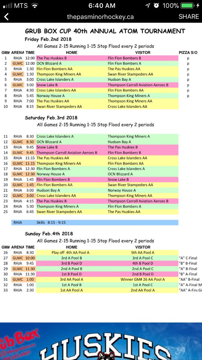 svminorhockey's tweet photo. The 40th Annual Grub Box Cup kicks off today in The Pas. Our Atom A Stampeders look to defend their 2017 title with opener vs top-ranked Thompson King Miners AA at 1:30 at GLMC before a late start vs Cross Lake Islanders AA at 8:15PM at RHJA on day one. #GrubBoxCup https://t.co/bjOddgJem9