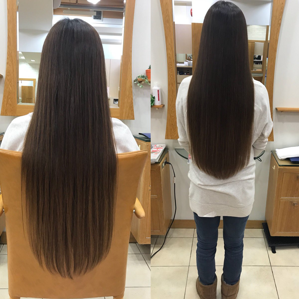 大西 良尚 Due Niche 左がビフォー 右がアフタァー 前回カット5ヶ月前のお客様 髪がまとまってるので全然気にならなかったそう根元の白いのが気になったから来たそう ロングの方はシルキーカット アールビネーション をやったら絶対他の美容室に