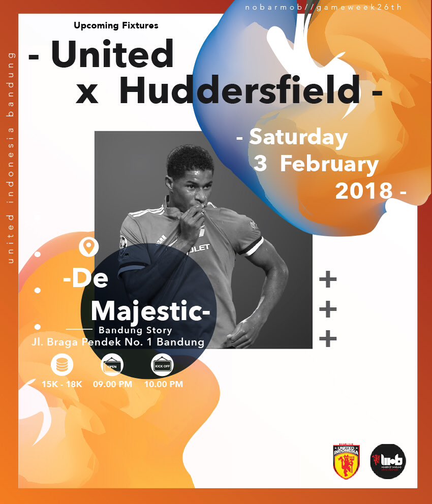 UtdIndonesiaBDG's tweet photo. #NobarMoB Premier League Gameweek26 | Manchester United vs Huddersfield Town | Saturday, February 3 2018 | @demajestic_bandung Jl.Braga No.1 Bandung | Open Gate 09.00 PM - Kick Off 10.00 PM | FDC Member IDR 15K - Non Member IDR 18K | Live only on beIN Sport 1 | Join us!! https://t.co/IozZBq3p7n