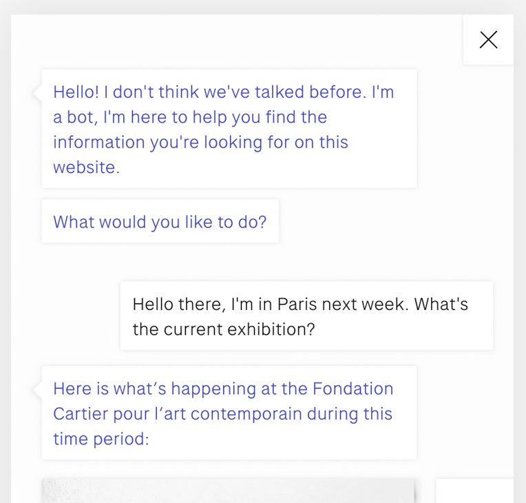 Chatbots are already used extensively by retailers but how could one help visitors to a museum? We talk to <a href="/Base_Design/">BASE ONE FASHION DESIGN</a> about building a chatbot for <a href="/Fond_Cartier/">Fondation Cartier pour l'Art Contemporain</a> bit.ly/2GDPlWa