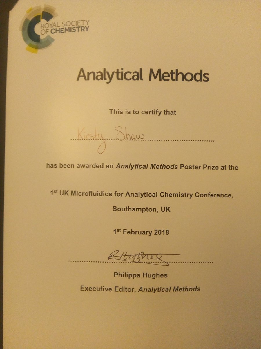 Kirsty (@drkirstyshaw) on Twitter photo Our work on microfluidic NPS detection won the Analytical Methods poster prize at the <a href="/MicroAnalytChem/">Microfluidics for Analytical Chemistry</a> conference! Well done to PhD student <a href="/lmcneill86/">Lauren Mcneill</a> and thanks to <a href="/RoySocChem/">Royal Society of Chemistry</a> <a href="/sutcliffeob/">Dr Oliver Sutcliffe</a> <a href="/lintonmicro/">Dr Trish Linton</a> @MMUsste Our work on microfluidic NPS detection won the Analytical Methods poster prize at the <a href="/MicroAnalytChem/">Microfluidics for Analytical Chemistry</a> conference! Well done to PhD student <a href="/lmcneill86/">Lauren Mcneill</a> and thanks to <a href="/RoySocChem/">Royal Society of Chemistry</a> <a href="/sutcliffeob/">Dr Oliver Sutcliffe</a> <a href="/lintonmicro/">Dr Trish Linton</a> @MMUsste