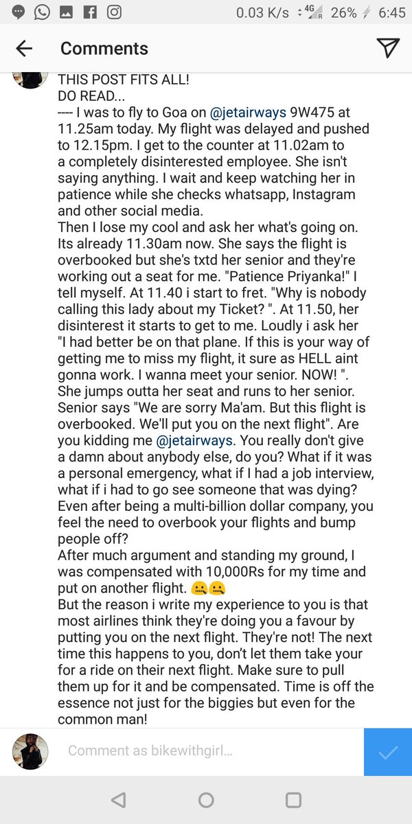 bikewithgirl's tweet photo. Dear @jetairways,
I had an experience worth 1000words with you today.
-Stop overbooking your flights and making it seem normal.
-Teach your on-ground staff to get off social media at work. 
Time is of the essence not just for the biggies but for us normal folks too!

#silvercard https://t.co/XAZSR8zvAo