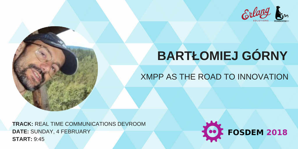 ErlangSolutions's tweet photo. SUNDAY, 4 February: Are you at FOSDEM this weekend? Join our #ErlangSolutions #MongooseIM expert @bartlomiej_bg in his talk on #XMPP as the road to innovation. See you in the Real Time Communications devroom! #InstantMessaging #RealTimeMessaging #RealLifeUseCases #FOSDEM2018 https://t.co/7VovuNvUiR