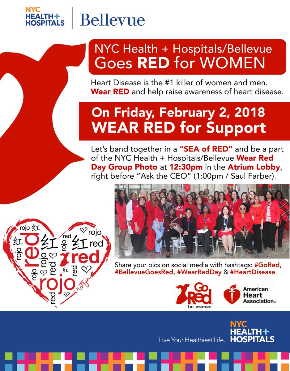 BellevueHosp's tweet photo. @BellevueHosp Goes Red for Women Today for #GoRedDay. Wear RED to help raise awareness about heart disease. #gored #bellevuegoesred #wearedday #heartdisease https://t.co/Q9SkMBJRL4
