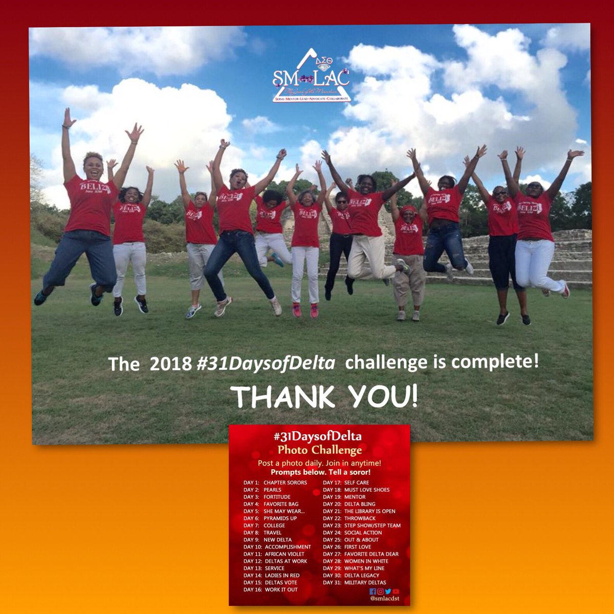 smlacdst's tweet photo. You gave the world a glimpse of the dynamic sisterhood of scholars and public servants that comprise the body of DST The ladies of SM-LAC send a thank you to all for participating in the 2018 #31DaysofDelta challenge! We'll see you next year! #SMLACDST #DST1913 #southerndst1913 https://t.co/HqBkGsOUtA
