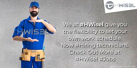 Hwiselinfo's tweet photo. We at #HWisel give you the flexibility to set your own work schedule. Now #Hiring technicians. Check Out More at. https://t.co/4XzZoNYw8y #Jobs https://t.co/pK3h6aGnBr