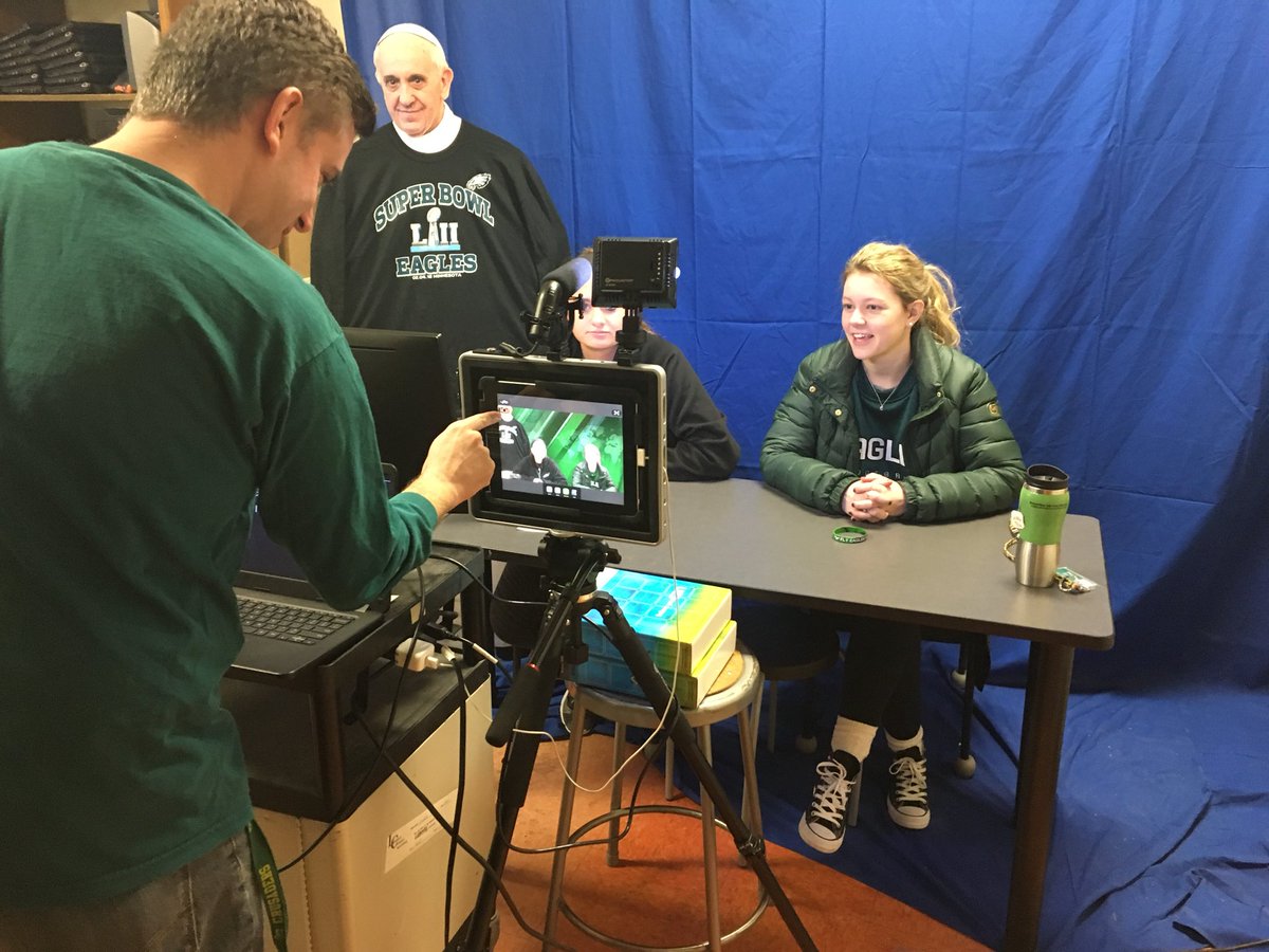 LCCrusaders's tweet photo. Look who’s back @PopUpPope for @LCCrusaders morning news TVshow #LCTV and he’s ready for @Eagles dress down day #CSW18 @NCEATALK @ArchPhilly @CYOCorpus @LC_STEM @Mater_Dei_CS @MMRSchool @LCHS_Activities @corpuschristi_s @SaintHelenaBBPA @AmyHerron @MomineyPhilly https://t.co/VBFl3QsSU6