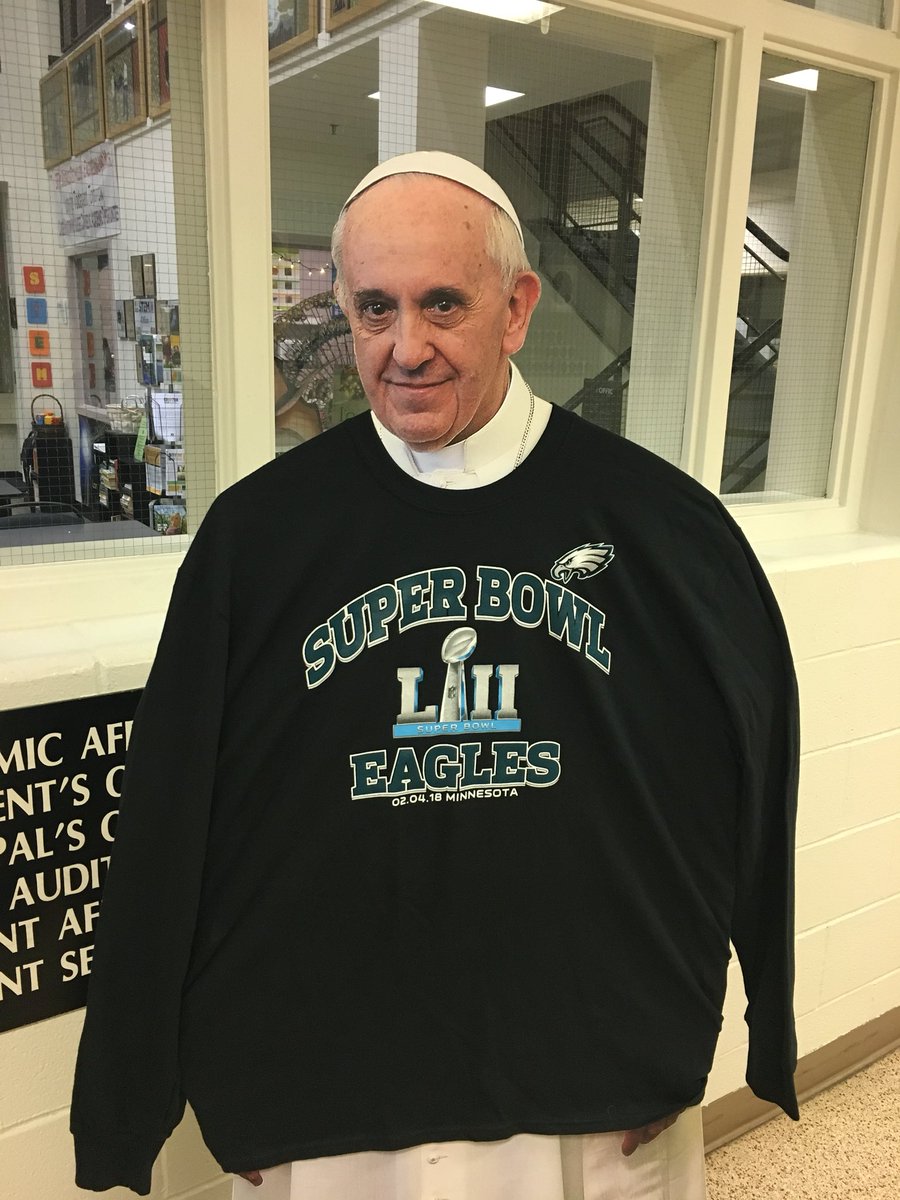 LCCrusaders's tweet photo. Look who’s back @PopUpPope for @LCCrusaders morning news TVshow #LCTV and he’s ready for @Eagles dress down day #CSW18 @NCEATALK @ArchPhilly @CYOCorpus @LC_STEM @Mater_Dei_CS @MMRSchool @LCHS_Activities @corpuschristi_s @SaintHelenaBBPA @AmyHerron @MomineyPhilly https://t.co/VBFl3QsSU6